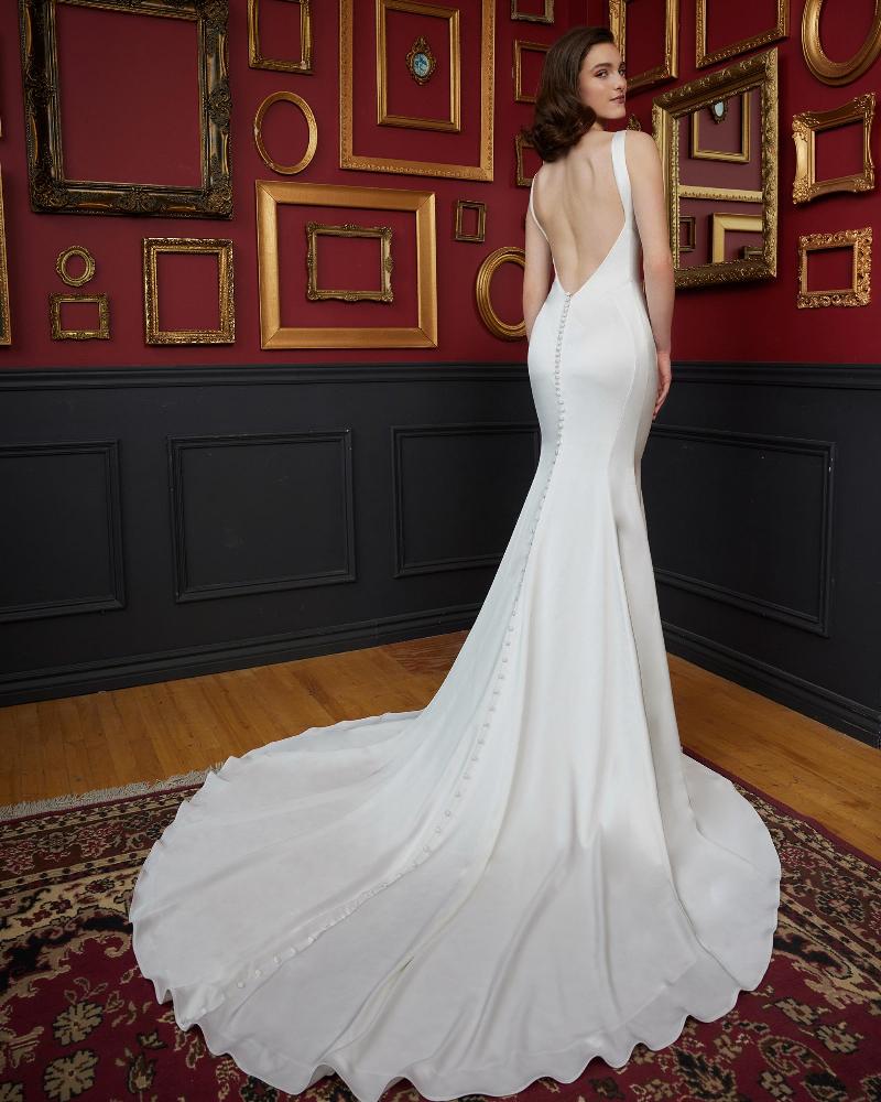 La23237 fitted simple satin wedding dress with buttons down the back6